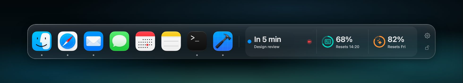 Berth's dock on a dark wallpaper: Finder, Safari, Mail, Messages, Calendar, Notes, Terminal and Xcode, then a readout strip with the next meeting in 5 minutes, Codex usage at 68% and Claude usage at 82%.