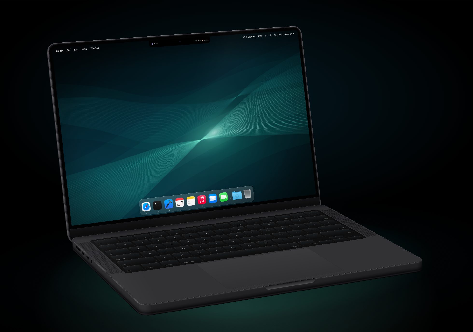 A MacBook Pro seen from the front left, its screen showing Berth's notch readout beside the camera and Berth's dock at the bottom, on black with a mint glow below.