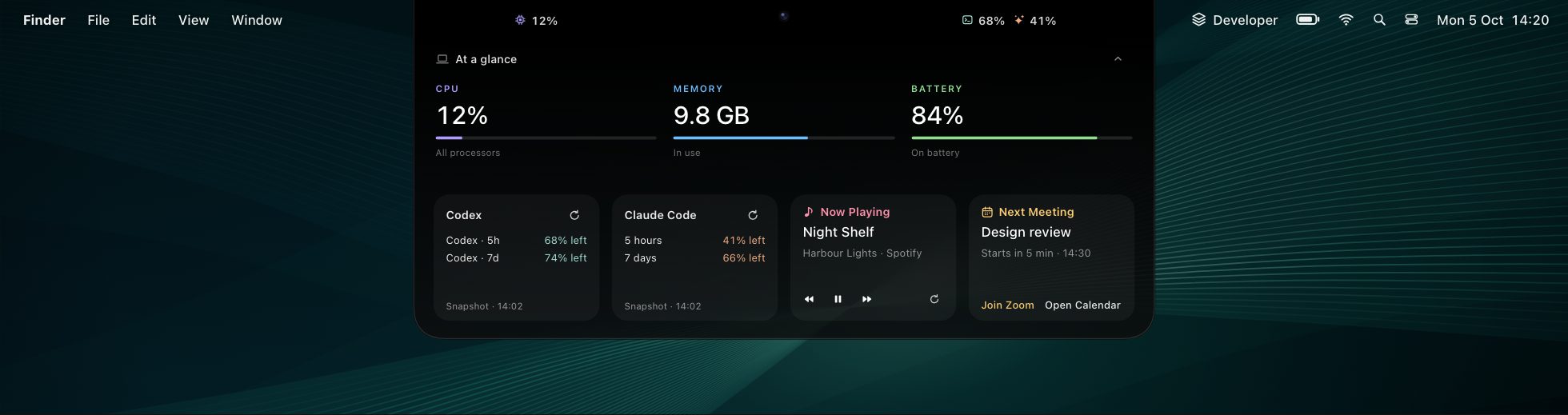 Berth's notch dashboard unfolded below a MacBook's camera: CPU 12%, memory 9.8 GB, battery 84%, then cards for Codex, Claude, Now Playing and the next meeting with Join.