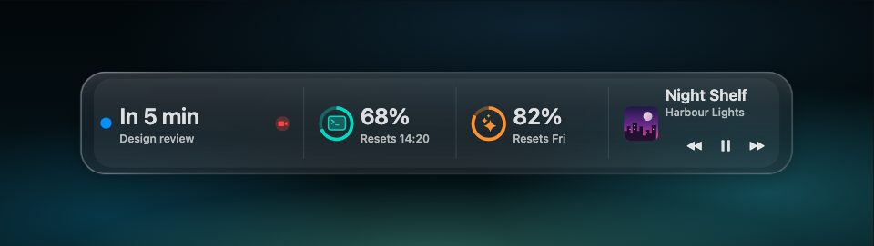 Berth's readout strip in dark mode: the next meeting in 5 minutes with a Join button, Codex usage 68%, Claude usage 82% and Now Playing.