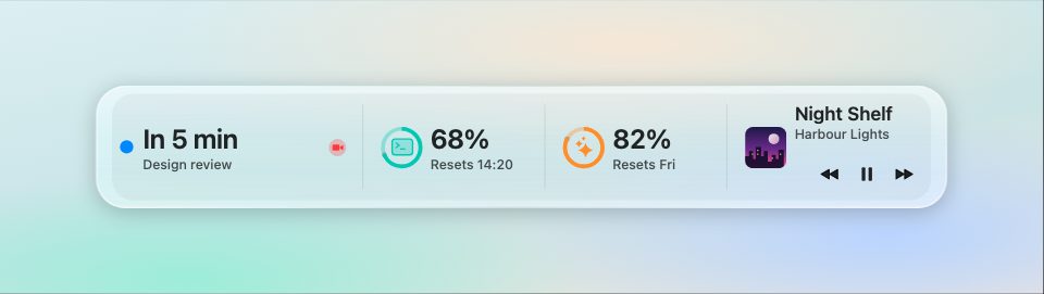 Berth's readout strip in light mode: the next meeting in 5 minutes with a Join button, Codex usage 68%, Claude usage 82% and Now Playing.